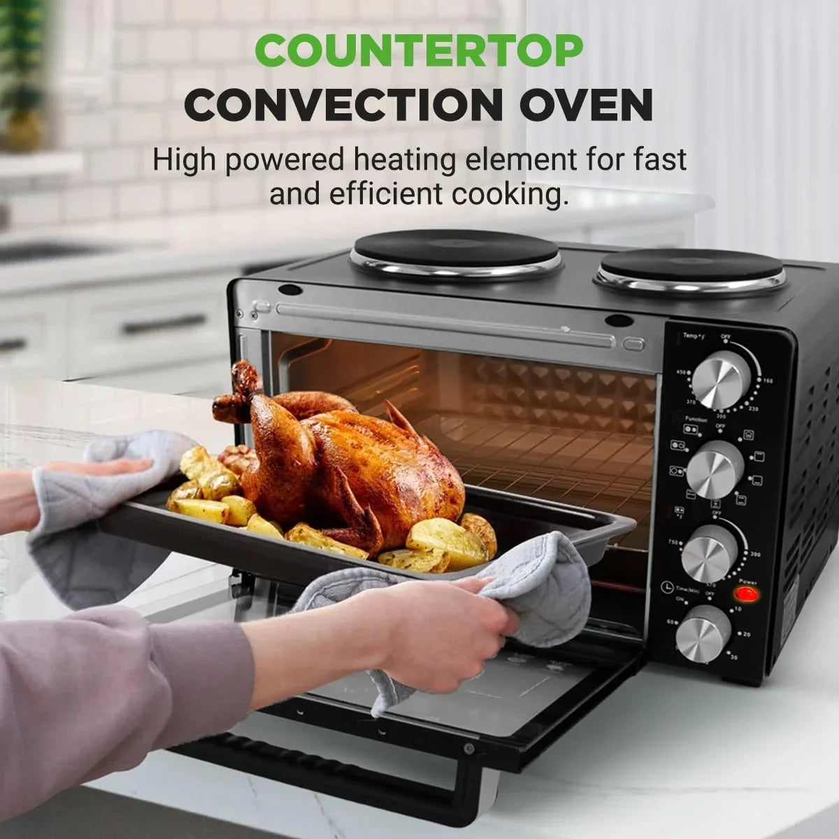 2-In-1 Convection Oven & Cooker - 30 Quart, 1500W Multi-Function Kitchen Oven with Dual Hot Plates, 7 Cooking Modes Including Rotisserie, Broil, Bake - 19.6 X 16.0 X 13.5 Inches