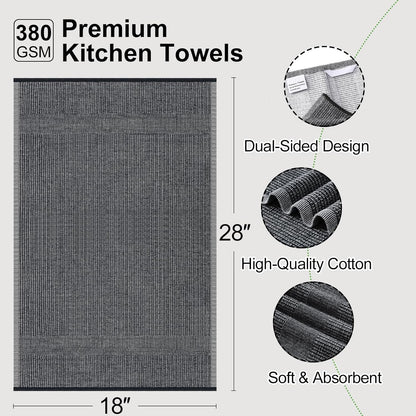 Premium Kitchen Towels 6 Pack (18 X 28 Inches, Black), Large Cotton Kitchen Hand Towel, Flat & Terry Dish Towels for Drying Dishes, Super Absorbent Tea Dishtowels Set with Hanging Loop