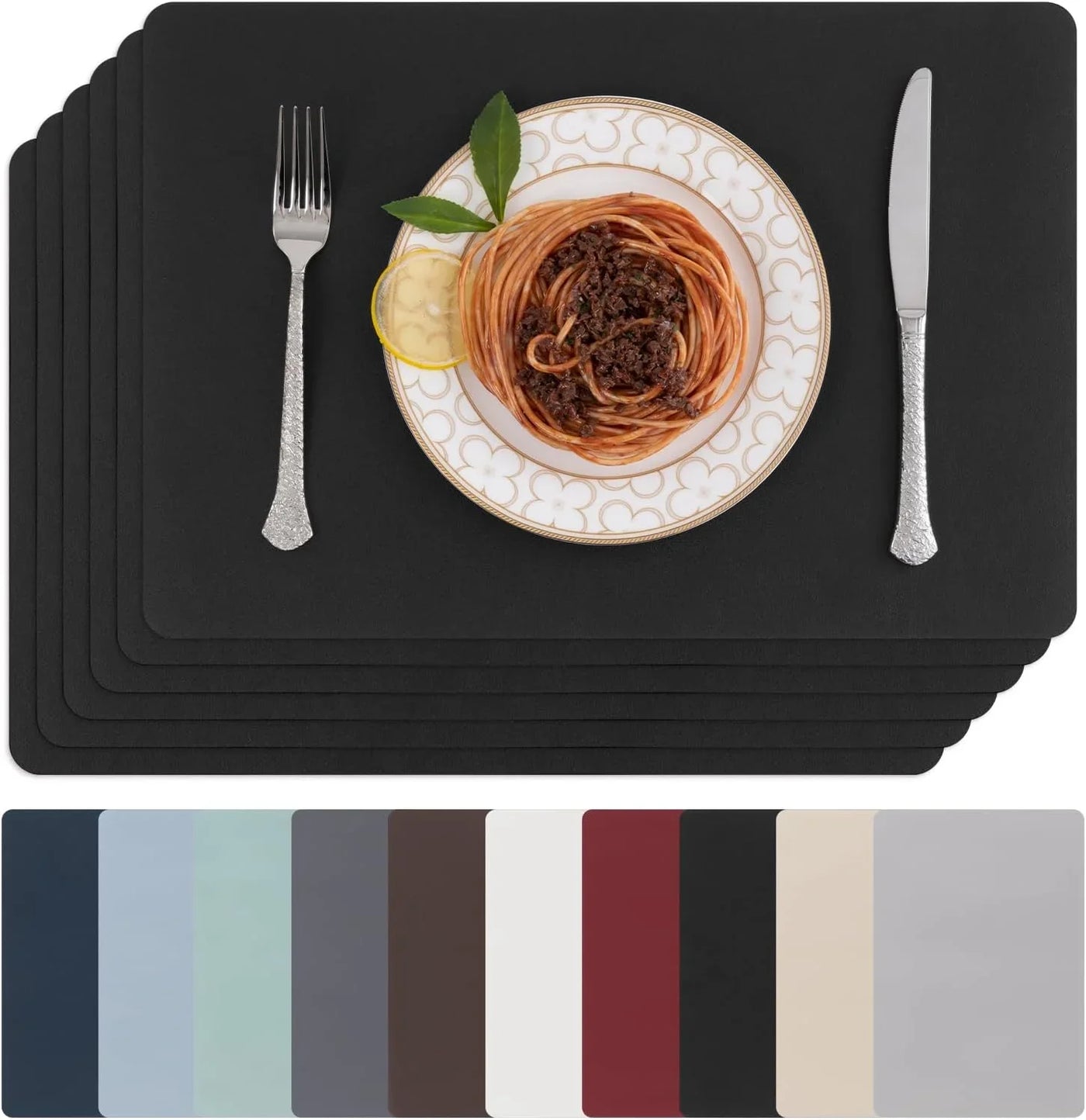Placemats Set of 6 Faux Leather Waterproof Leakproof Wipeable PU Non-Slip Vinyl Place Mats Heat Resistant Table Mats for Kitchen Dining Table Indoor Outdoor, Black