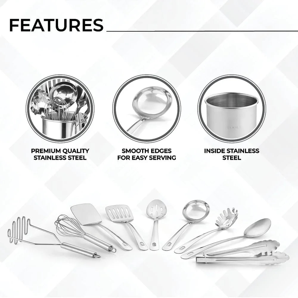 ® Premium Set of 10 Stainless Steel Kitchen Tool Set with Holder Easy to Clean, Space Saving, Great for Cooking, Baking, Prepping