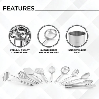 ® Premium Set of 10 Stainless Steel Kitchen Tool Set with Holder Easy to Clean, Space Saving, Great for Cooking, Baking, Prepping