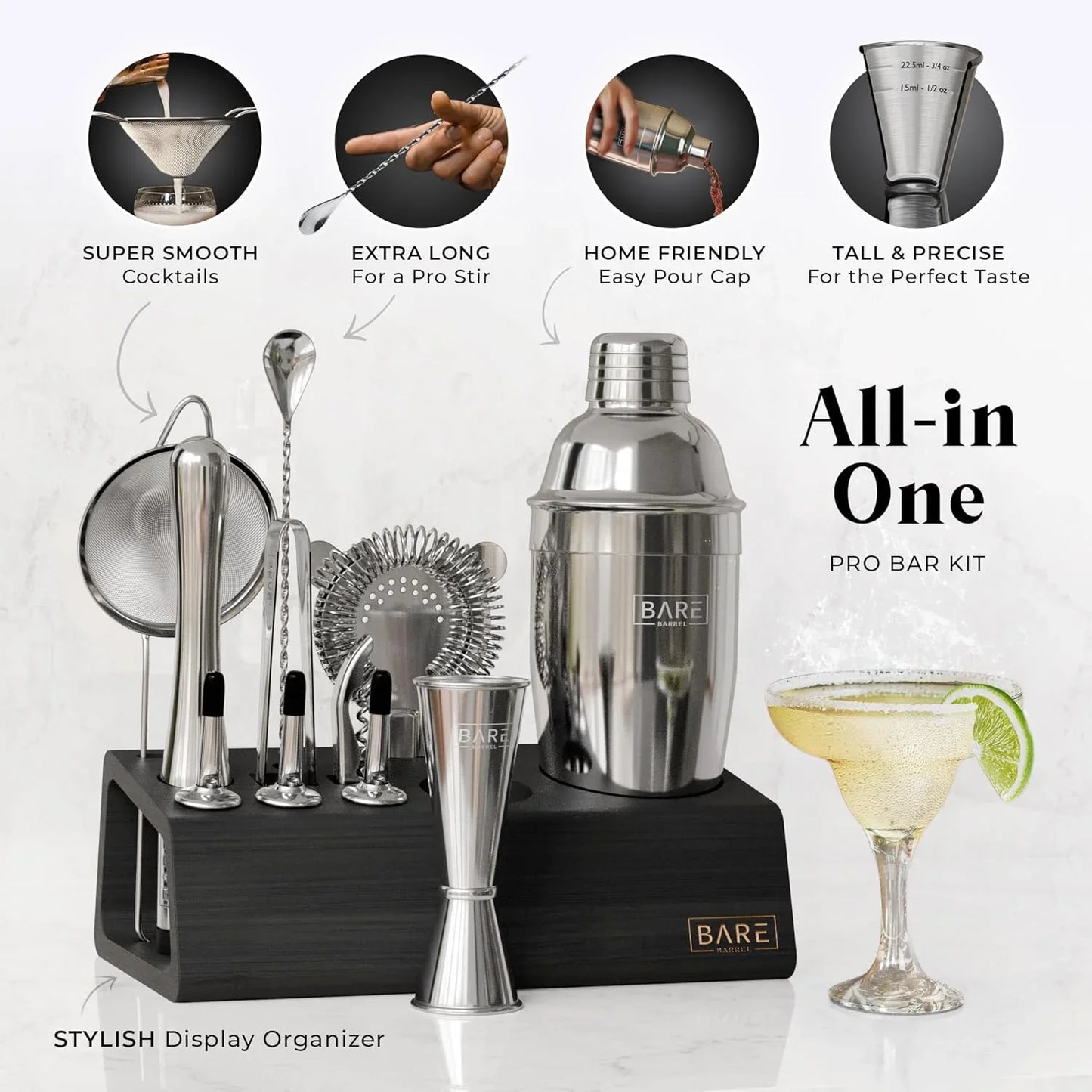 ® Mixology Bartender Kit Bar Set | 14-Piece Cocktail Shaker Set | Martini Barware Mixing Tools for Home Bartending | Incl. 35 Recipe Cards | Gift Set (24Oz Cobbler Shaker, Silver/Black)
