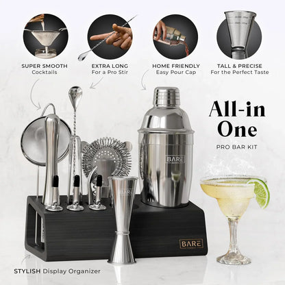 ® Mixology Bartender Kit Bar Set | 14-Piece Cocktail Shaker Set | Martini Barware Mixing Tools for Home Bartending | Incl. 35 Recipe Cards | Gift Set (24Oz Cobbler Shaker, Silver/Black)
