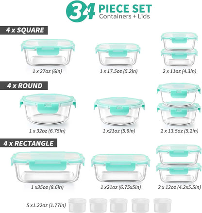 34Pcs Glass Food Storage Containers with Lids Set, Airtight Glass Meal Prep Containers (17 Containers & 17 Lids), Leak Proof Lunch Container Bpa-Free, Microwave, Oven, Freezer, Dishwasher Safe-Green