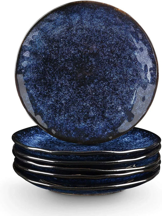 Ceramic Dessert Salad Plates, 8 Inch, Set of 6, Round, Microwave, Oven, and Dishwasher Safe, Scratch Resistant, Porcelain Fluted Suitable for Snacks, Appetizer, Home, Restaurant (Blue)