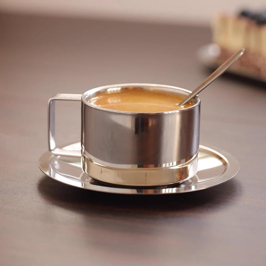 6.8Oz Stainless Steel Coffee Cup Set, Coffee Mugs with Spoon and Saucer for Latte, Espresso, Cappuccino, Milk and Tea