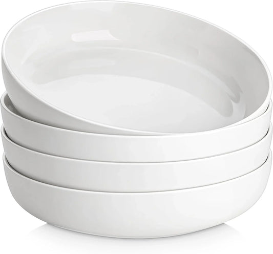 48 Oz Pasta Bowls Set of 4, 9 Inch Salad Bowls, White Ceramic Serving Bowls for Kitchen, Microwave & Dishwasher Safe, Series LUNA, White
