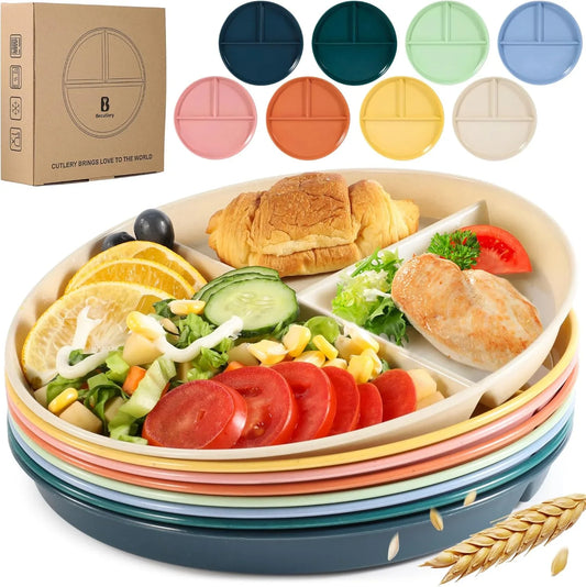 9" Unbreakable Divided Plates (8 PCS). Microwave & Dishwasher Safe! for Kids & Adults. Wheat Straw, BPA - Free. Portion Control for Health/Weight Loss. 3 -Compartment, Durable & Smooth.