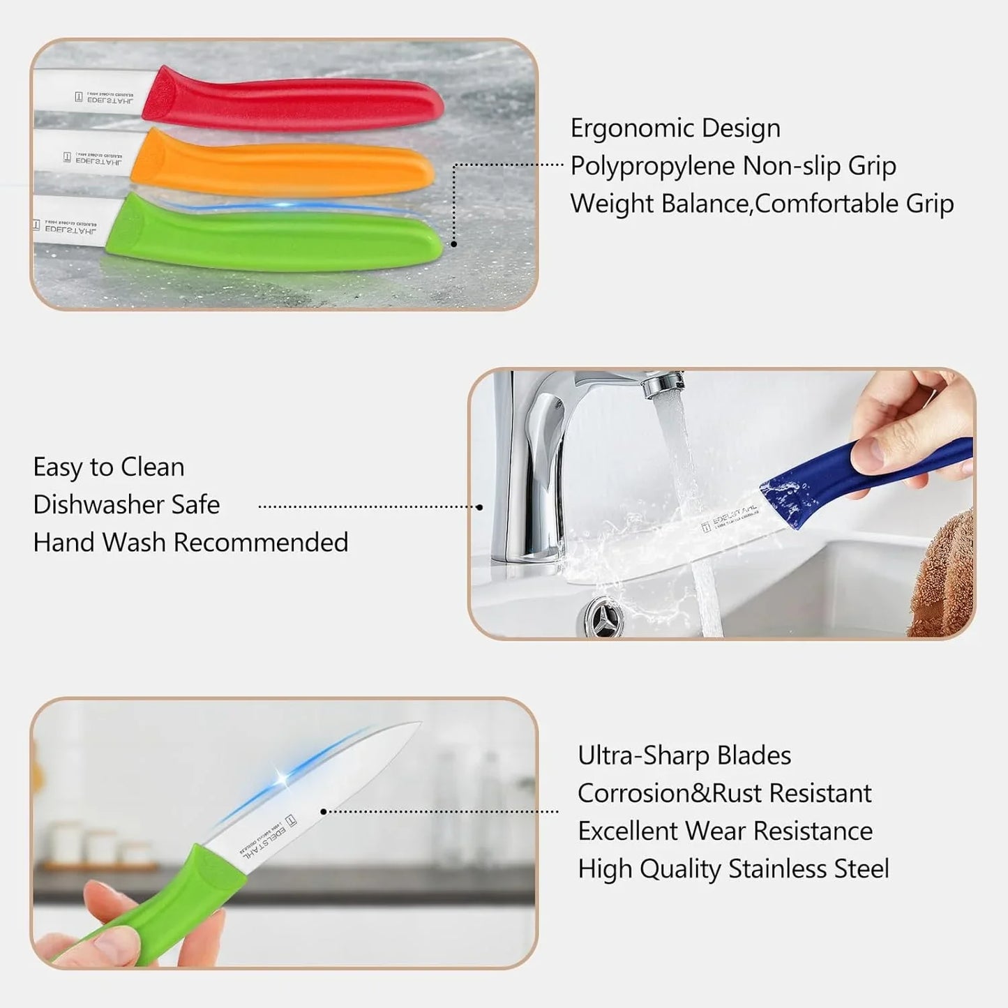 Paring and Garnishing Knife,Fruit Knife Set,12 Pieces Stainless Steel Paring Knives,Straight Edge Small Knife Set for Cutting Fruits and Vegetable,Spear Point,Ergonomic Handle,Multicolor