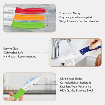 Paring and Garnishing Knife,Fruit Knife Set,12 Pieces Stainless Steel Paring Knives,Straight Edge Small Knife Set for Cutting Fruits and Vegetable,Spear Point,Ergonomic Handle,Multicolor