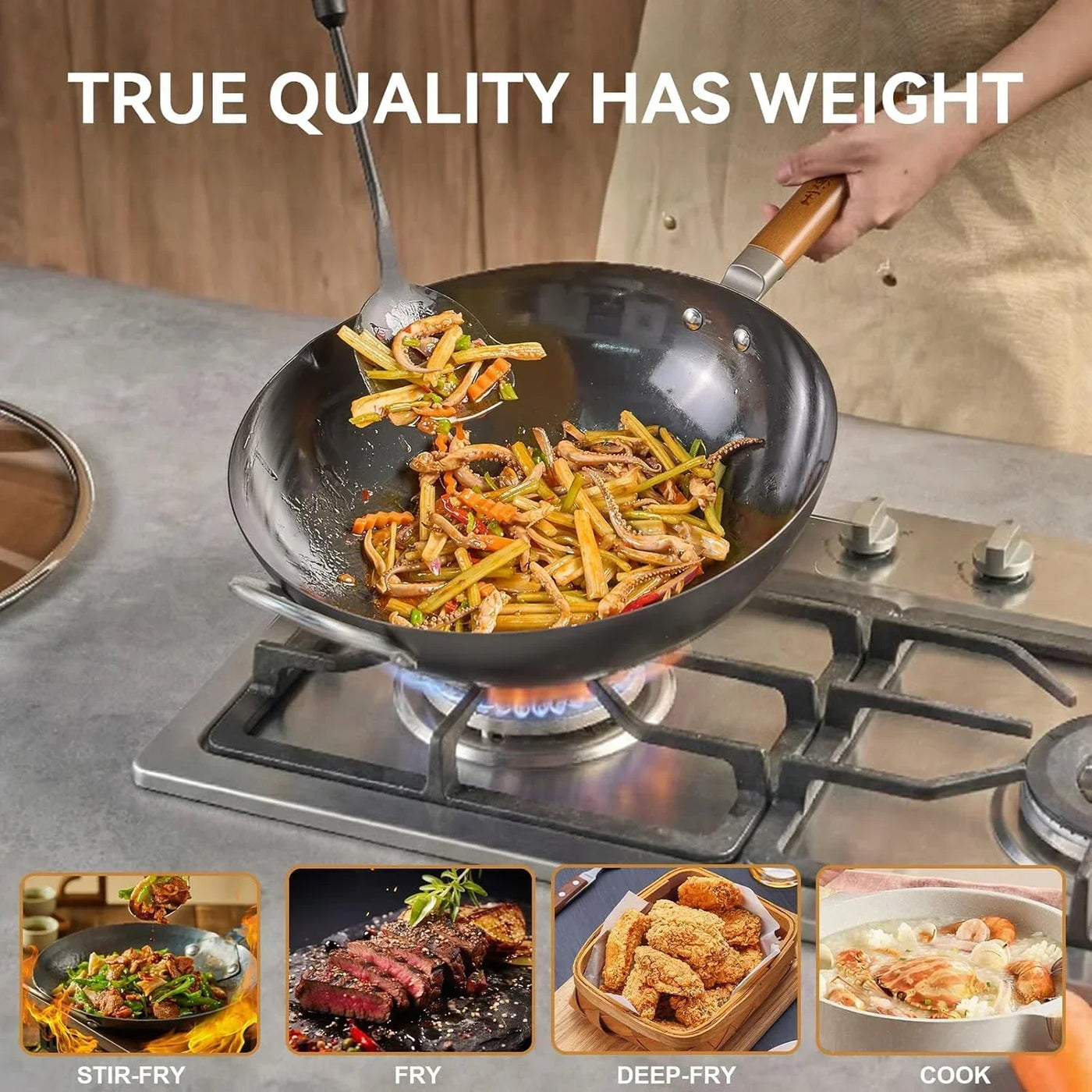 Stir-frying squid and vegetables in a heavy-duty wok on gas stove, ideal for stir-fry, fry, deep-fry, and cook