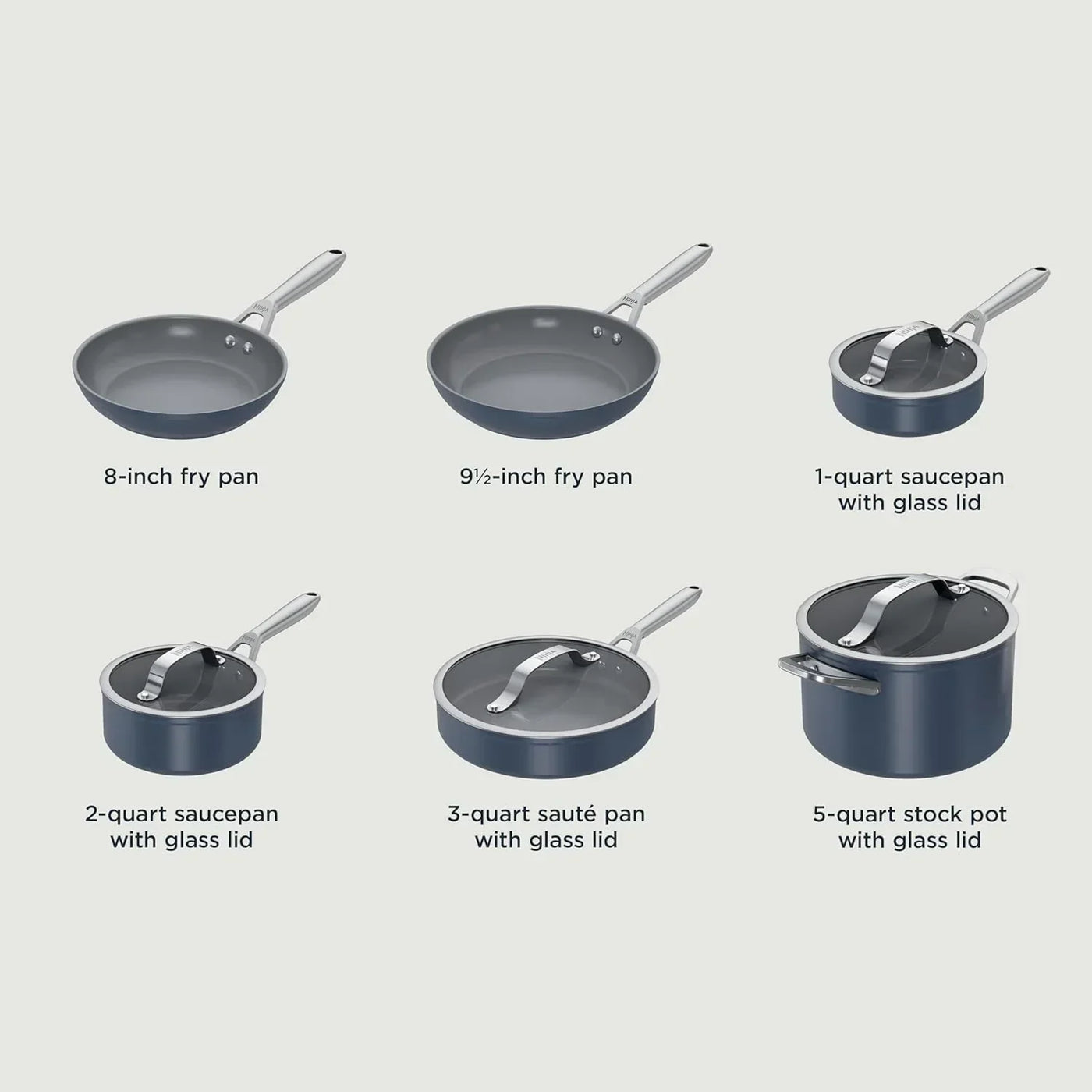 Nonstick cookware set with fry pans, saucepans, sauté pan, and stock pot, all with glass lids for everyday cooking
