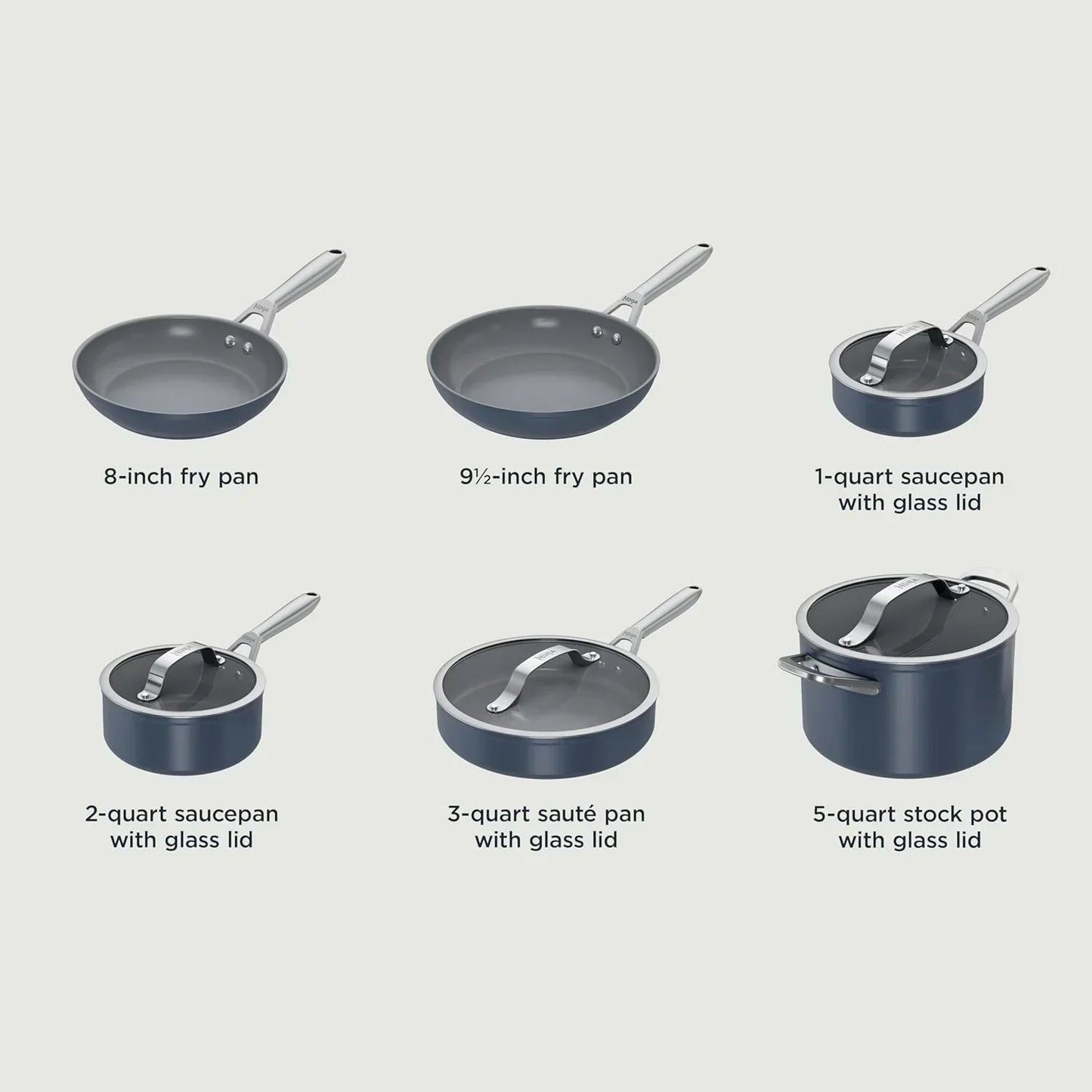 Nonstick cookware set with fry pans, saucepans, sauté pan, and stock pot, all with glass lids for everyday cooking
