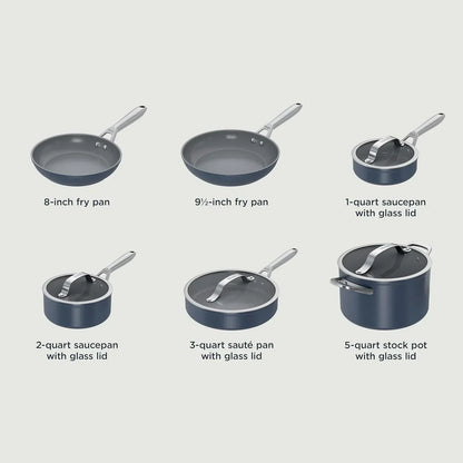 Nonstick cookware set with fry pans, saucepans, sauté pan, and stock pot, all with glass lids for everyday cooking