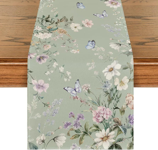 Green Floral Wildflower Leaf 210 GSM Spring Table Runner, Seasonal Summer Kitchen Dining Table Decoration for Home Party Decor 13X72 Inch