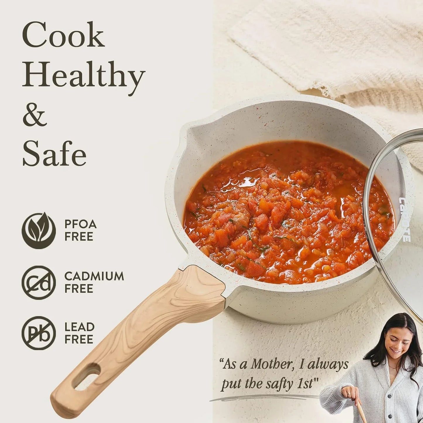 1.5Qt & 3.0Qt Sauce Pan Sets with Lid Cooking Pots Nonstick Saucepans Cookware Set with Pour Spout Small Kitchen Pot, Induction Comptable, Easy to Clean, PFOA FREE (White Granite)