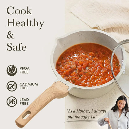 1.5Qt & 3.0Qt Sauce Pan Sets with Lid Cooking Pots Nonstick Saucepans Cookware Set with Pour Spout Small Kitchen Pot, Induction Comptable, Easy to Clean, PFOA FREE (White Granite)