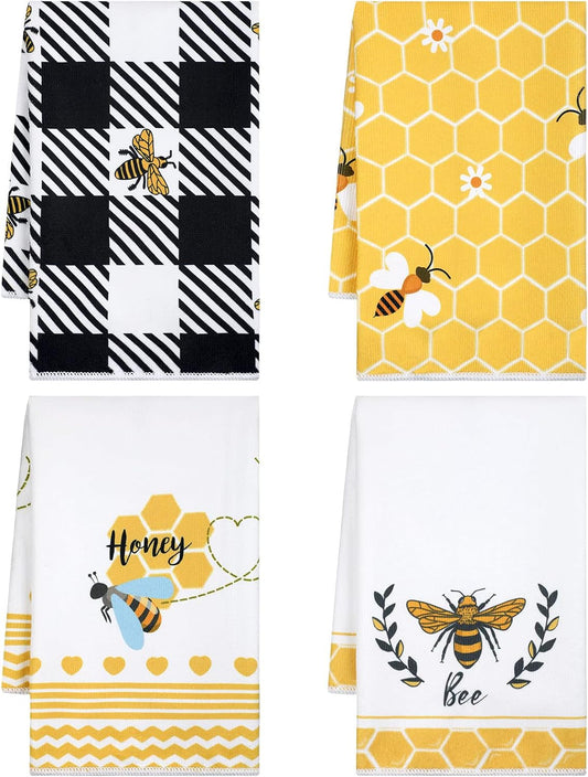 4 Pcs Bee Kitchen Tea Towel Honey Bee Dish Towels Honeycomb Bath Washcloth Hand Polyester Absorbent Cloths Accessories for Kitchen Decor, 16 X 24 Inch(Black Yellow,Honeycomb)