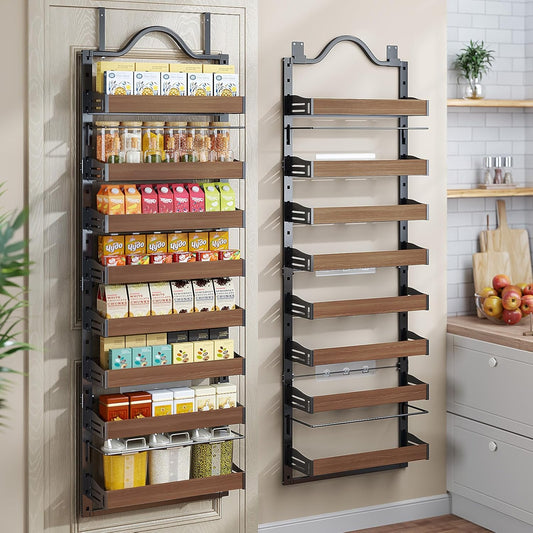 8-Tier Spice Rack Wall Mount, Heavy-Duty over the Door Pantry Organizer with Wooden Adjustable Basket, 2 in 1 Wall Mount or Hanging Pantry Door Organizer,Door Spice Rack for Pantry, Black