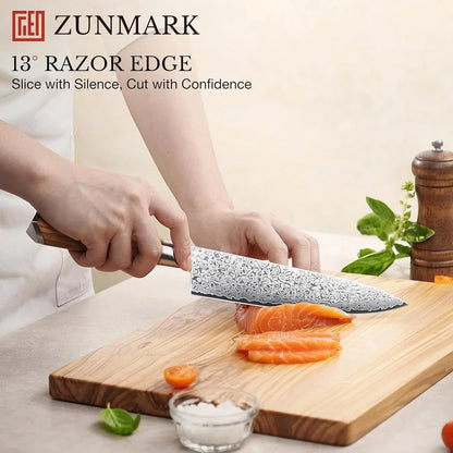 8 Inch Chef Knife, 67-Layer Damascus Steel Kitchen Knives with 10Cr15Comov Premium Steel Core, Hybrid Diamond-Oval Olive Wood Handle Japanese Knife, 13° Blade Ultra-Sharp Cooking Knives, Gift Fo R Him