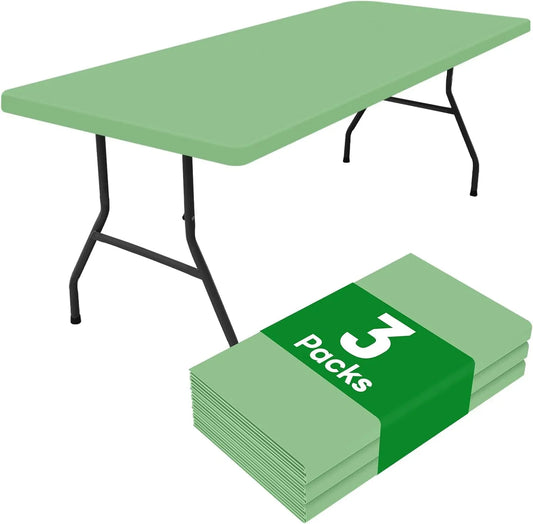 3 Pack Rectangle Table Cloth, Elastic Fitted Flannel Backed Vinyl Tablecloths for 6Ft Folding Tables, Waterproof Wipeable Table Covers for Outdoor, Camping and Picnic (Sage Green, 30"X72")