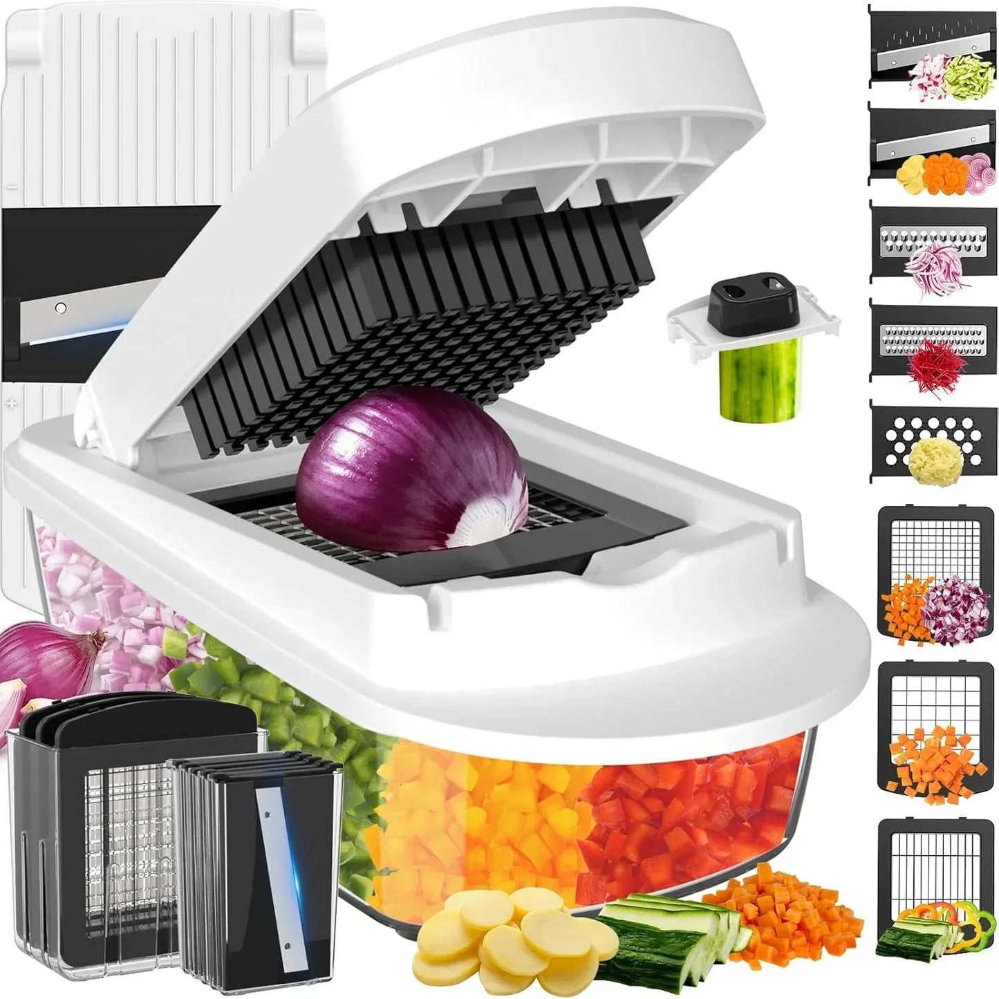 White vegetable chopper with interchangeable blades for slicing, dicing, and grating onions, cucumbers, carrots, and more