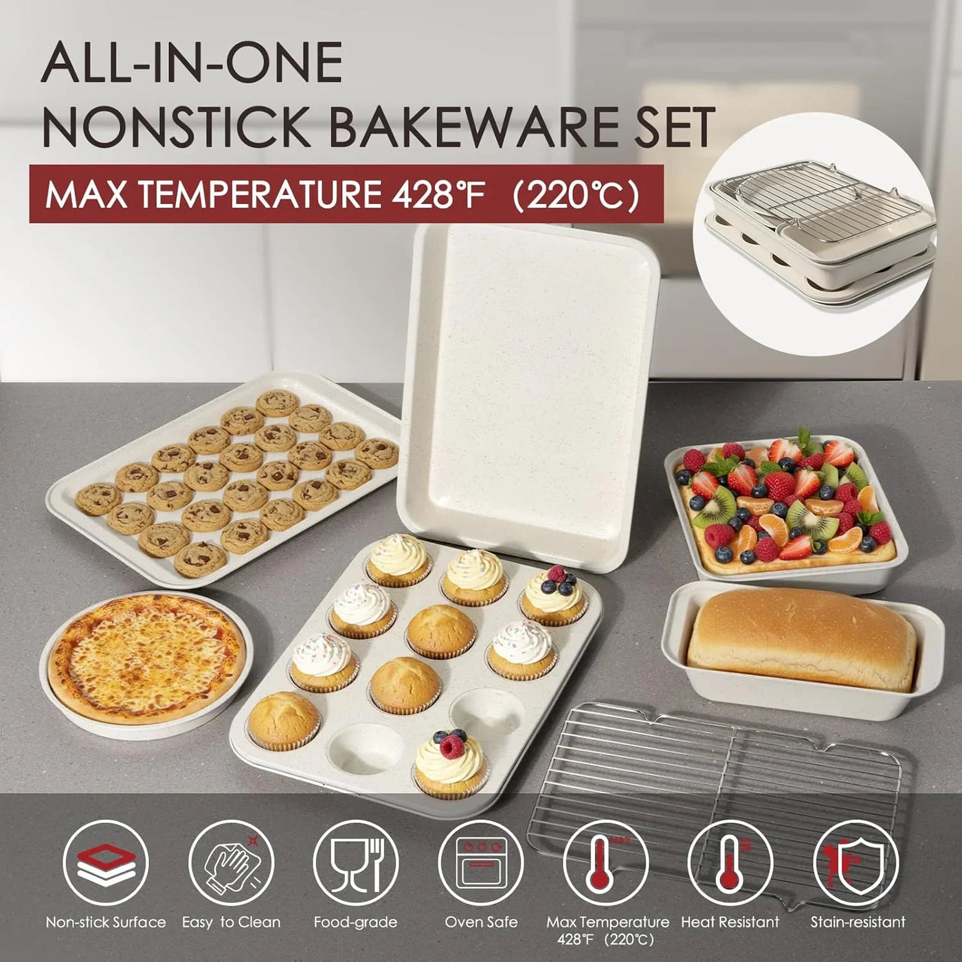 Pots and Pans Set Non Stick 31 Piece Kitchen Nonstick Cooking Cookware Sets with Grill Pan Saucepan Baking Sheet Utensil, Cream White
