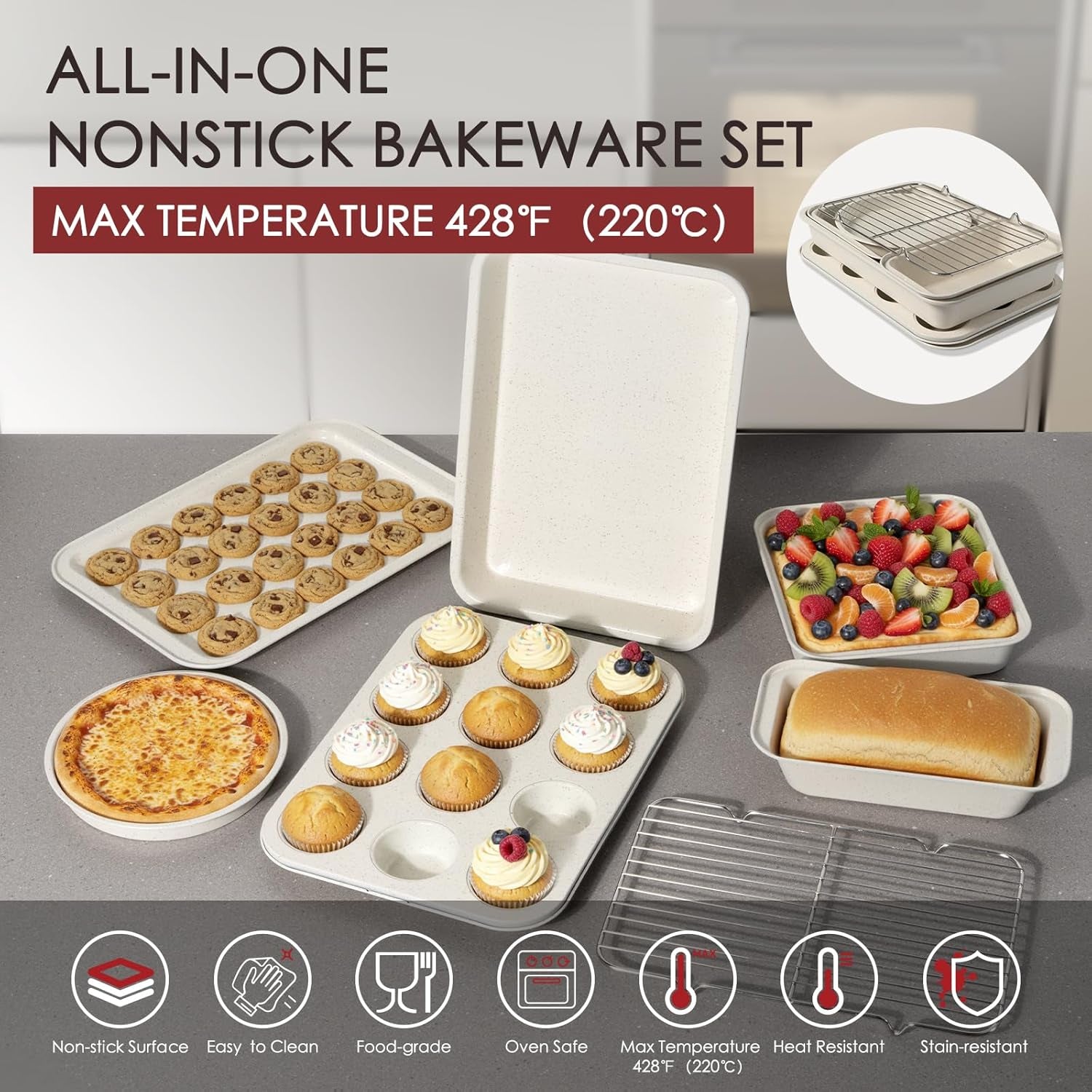 Pots and Pans Set Non Stick 31 Piece Kitchen Nonstick Cooking Cookware Sets with Grill Pan Saucepan Baking Sheet Utensil, Cream White