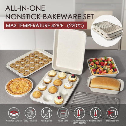 Pots and Pans Set Non Stick 31 Piece Kitchen Nonstick Cooking Cookware Sets with Grill Pan Saucepan Baking Sheet Utensil, Cream White
