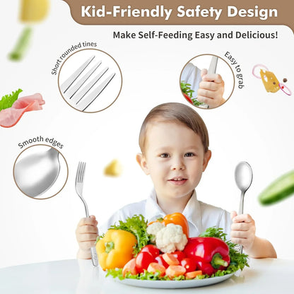 Stainless Steel Toddler Utensils Set - 12 Pieces Kids Silverware Set Children Safe Food Grade Small Forks and Spoons Dishwasher Safe Mirror Polished