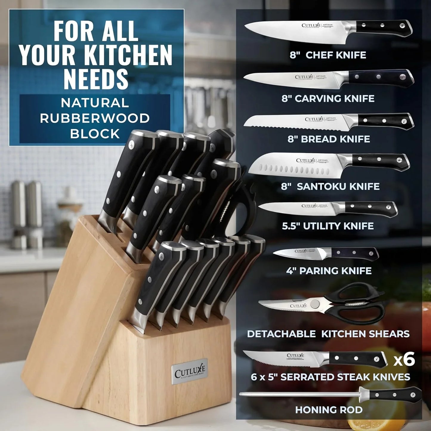 15-Piece Knife Set – Premium Rubberwood Wood Block – Knife Set for Kitchen, Ultra Sharp High Carbon German Stainless Steel, Full Tang – Artisan Series