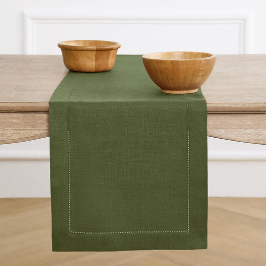 Linen Olive Table Runner 90 Inches Long - 100% Pure Linen 14 X 90 Inch Table Runner - Classic Hemstitch