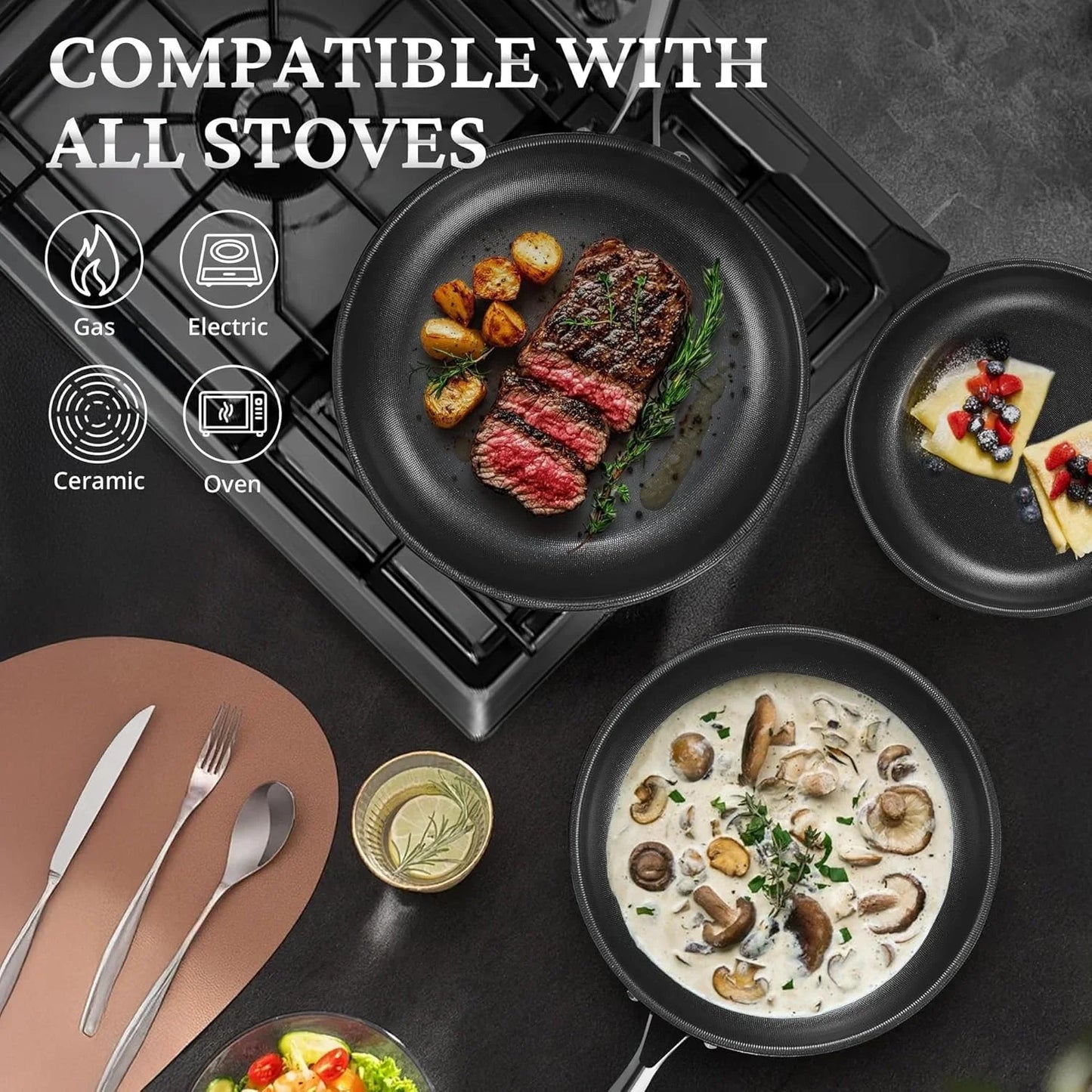 Nonstick Frying Pans with Lids, 8", 10", 12" Titanium Ceramic Tri-Ply Stainless Steel Skillet Set, Non-Toxic, PFAS/PFOA/PTFE Free, Dishwasher & Oven Safe, Induction Compatible