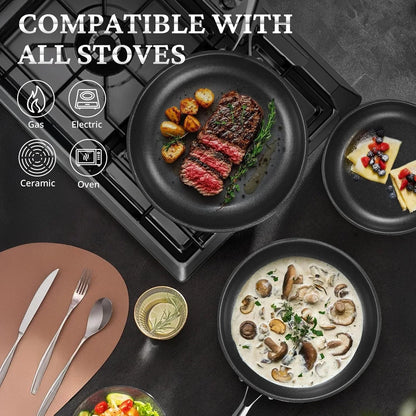 Nonstick Frying Pans with Lids, 8", 10", 12" Titanium Ceramic Tri-Ply Stainless Steel Skillet Set, Non-Toxic, PFAS/PFOA/PTFE Free, Dishwasher & Oven Safe, Induction Compatible