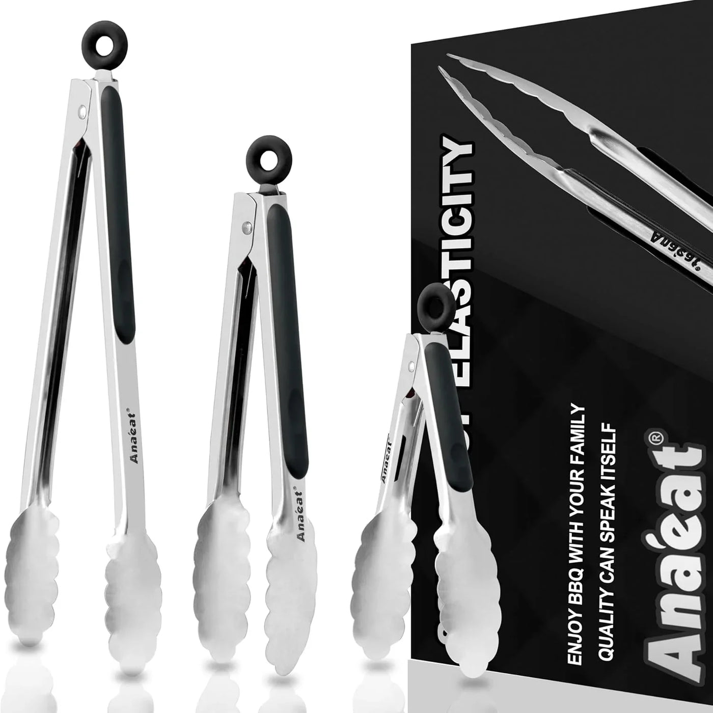 Premium Kitchen Locking Tong Set of 3 - Heavy Duty Stainless Steel Food Tongs with Long Handle & Non-Slip Silicone Grip for Cooking, Baking, Grilling - Heat Resistant up to 480°F