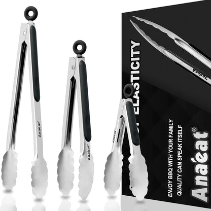Premium Kitchen Locking Tong Set of 3 - Heavy Duty Stainless Steel Food Tongs with Long Handle & Non-Slip Silicone Grip for Cooking, Baking, Grilling - Heat Resistant up to 480°F