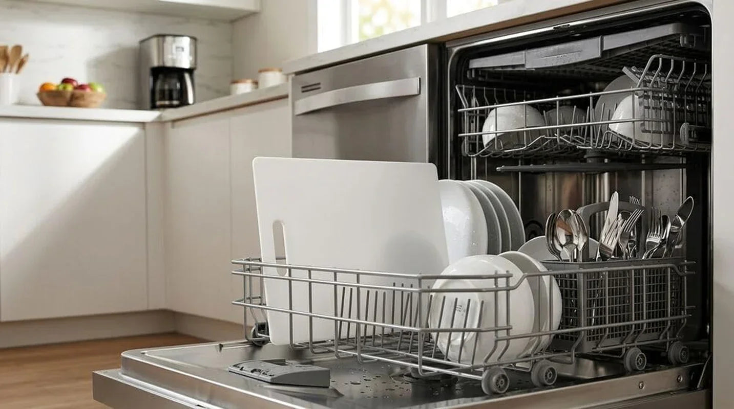 Stainless steel dishwasher loaded with clean plates, bowls, cutlery, and cutting board in modern kitchen
