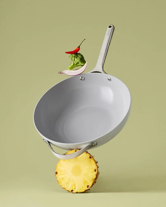 Non-Stick Stir Fry Pan - 12” Wok-Inspired Pan - Free from Forever Chemicals - High-Sloped Walls - Stainless Steel Handles - Cream