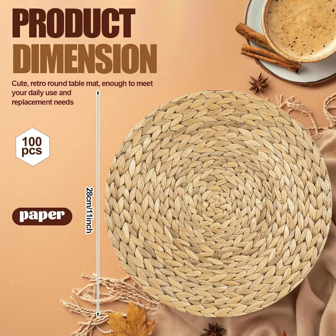 100 Pcs Disposable Printed Woven Paper Placemats Bulk 11 Inch round Wicker Printed Chargers Place Mat Farmhouse Braided Rattan Tablemats for Wedding Dinner Party(Light Brown)