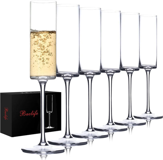 Crystal Champagne Flutes Set of 6 - Hand Blown Champagne Glasses with Long Stem - 6.5 Oz Elegant Sparkling Wine Stemware - Unique Gift for Mother'S Day,Birthday,Wedding - Clear