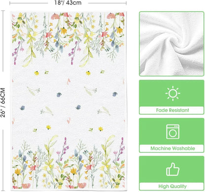 Floral kitchen towel with watercolor wildflowers, fade resistant, machine washable, 18x26 inches