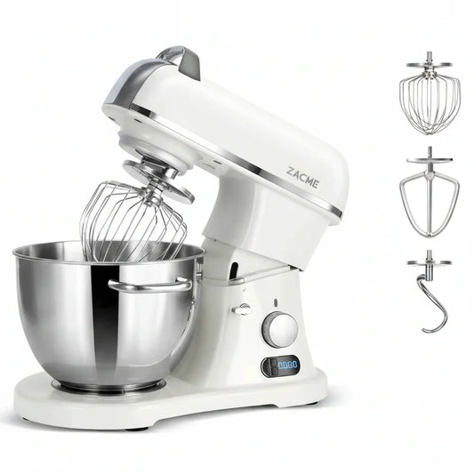 White ZACME stand mixer with stainless steel bowl and whisk, dough hook, flat beater attachments for baking and cooking