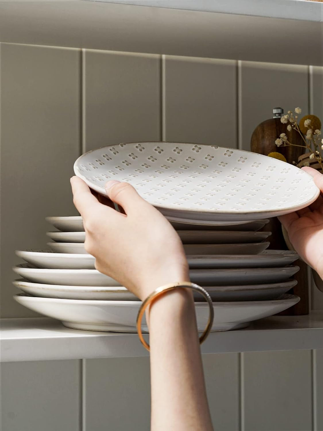 8 Inch Ceramic Salad Plates Set of 4, Modern Embossed Appetizer Plates for Kitchen, Small Dessert Plates, Microwave & Dishwasher Safe Dinnerware Sets - Arctic White