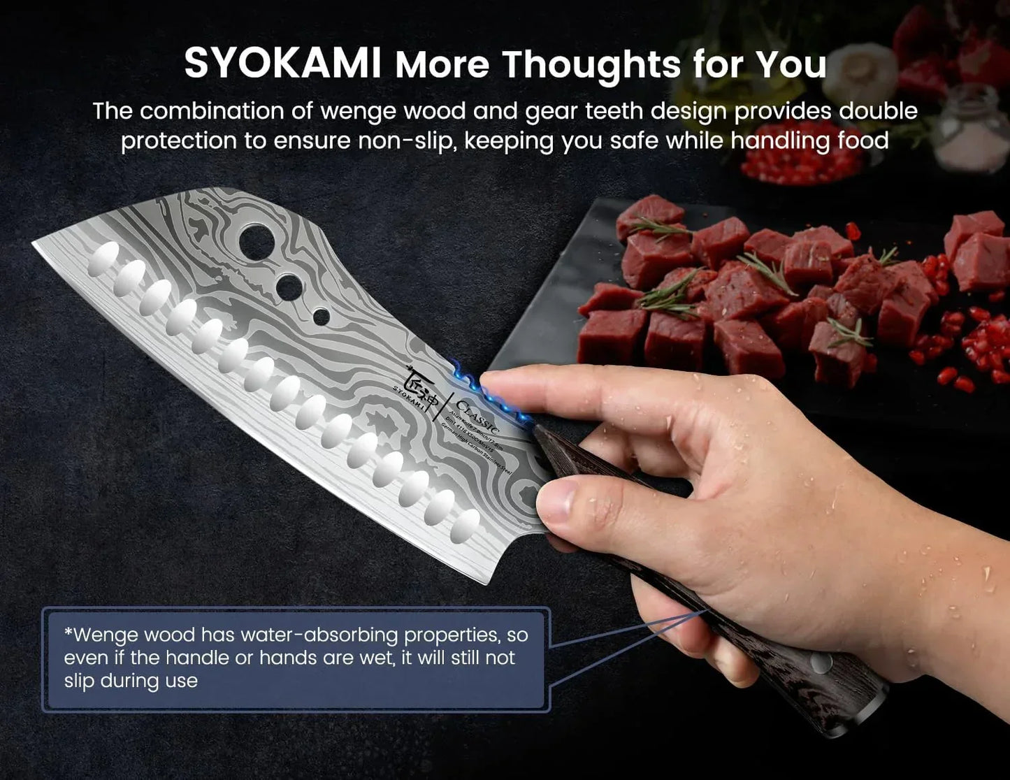 Hand gripping a wenge wood handle chef knife with a patterned blade, cutting beef cubes on a black cutting board.