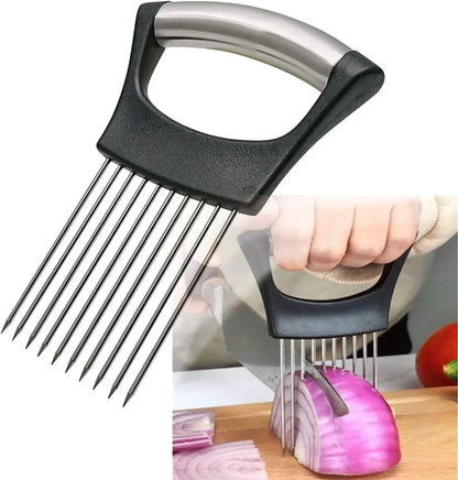 Stainless steel onion holder with black grip, slicing red onion on cutting board for kitchen prep