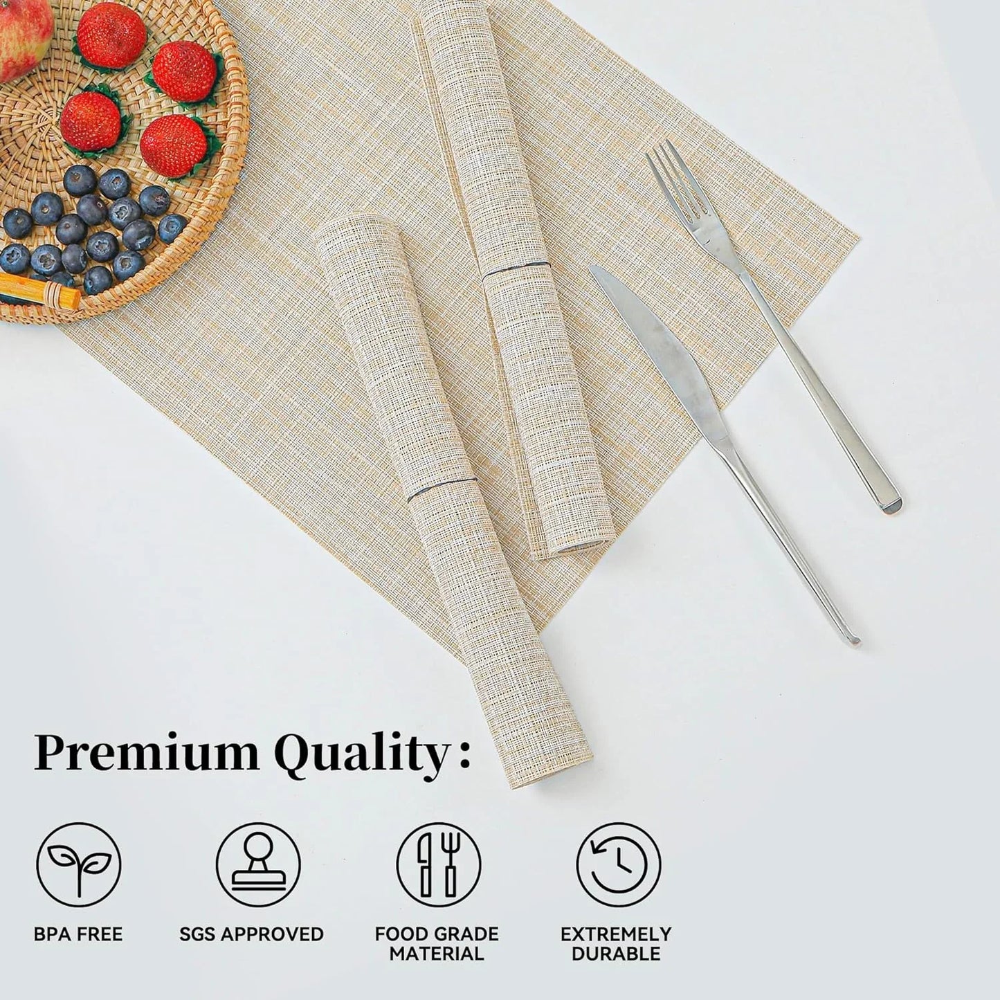 Beige Placemats Set of 4 - Heat Resistant Non-Slip Place Mats for Dining Table, Washable Durable PVC Vinyl Woven Table Mats（Beige, 4）