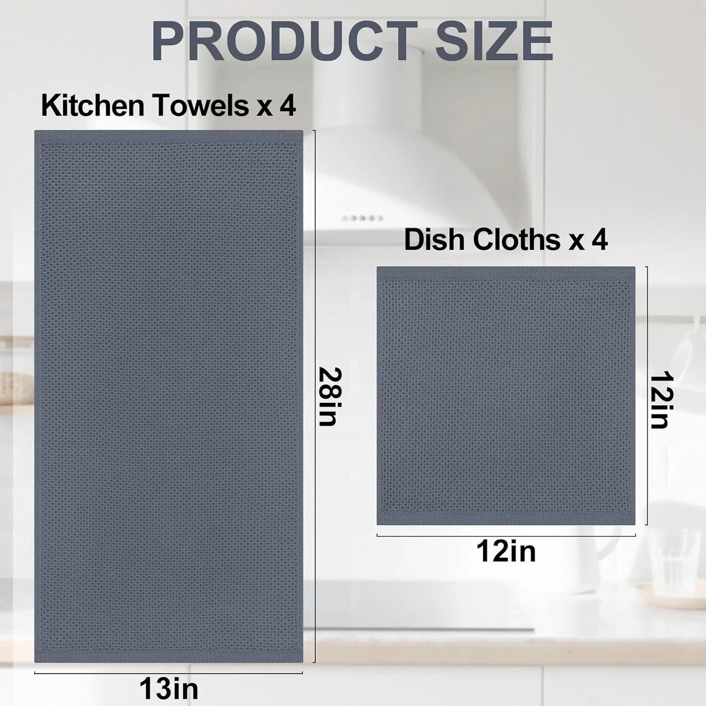 100% Cotton Kitchen Towels and Dishcloths Set, 12 X 12 Inches and 13 X 28 Inches, Set of 8 Bulk Kitchen Towels Set, Ultra Soft Absorbent Dish Cloths for Washing Dishes, Dark Grey