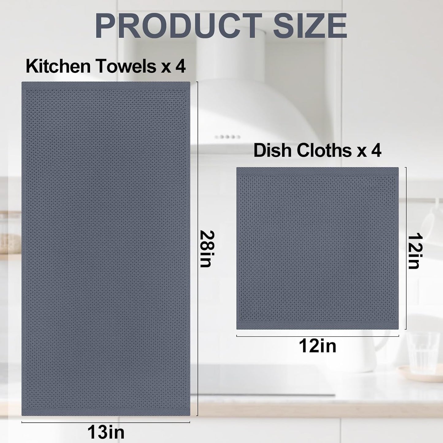 100% Cotton Kitchen Towels and Dishcloths Set, 12 X 12 Inches and 13 X 28 Inches, Set of 8 Bulk Kitchen Towels Set, Ultra Soft Absorbent Dish Cloths for Washing Dishes, Dark Grey