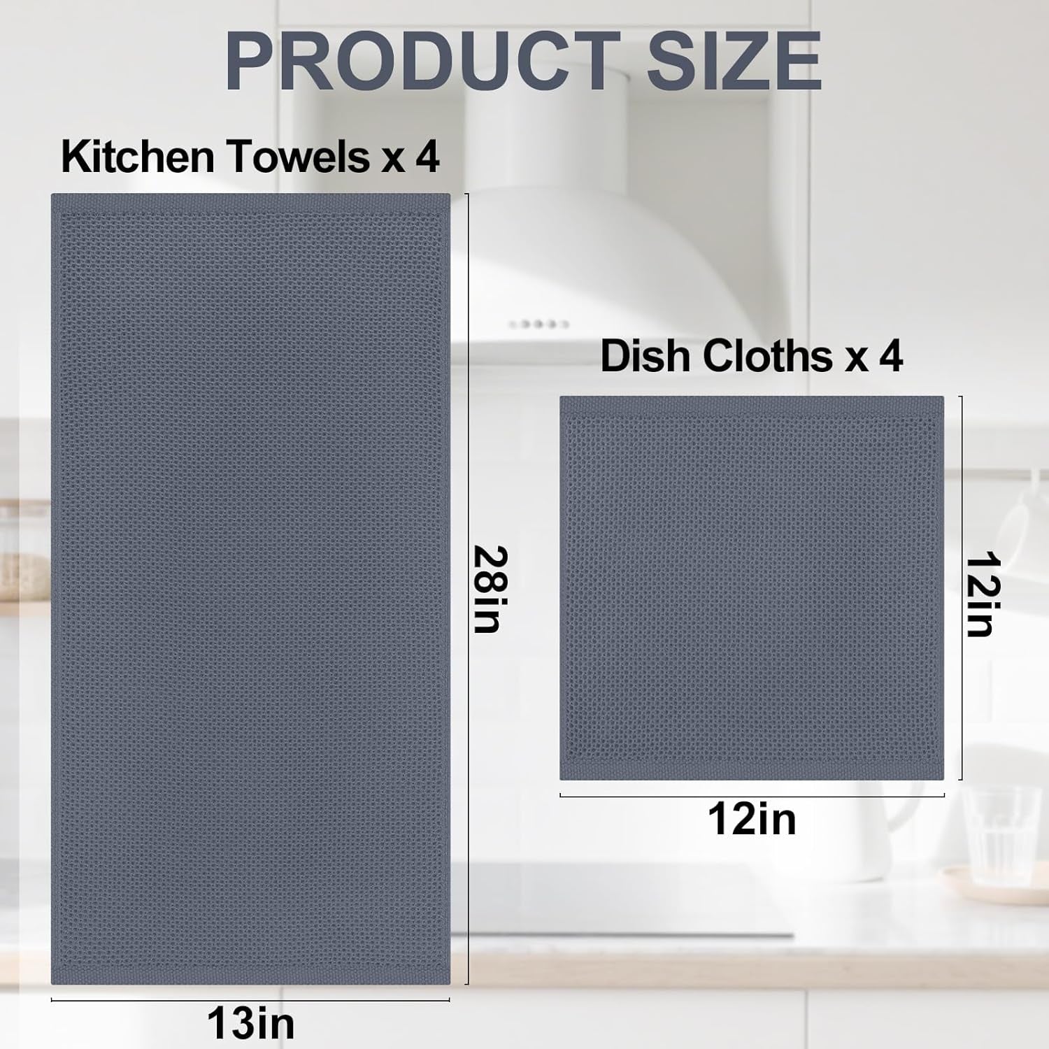 100% Cotton Kitchen Towels and Dishcloths Set, 12 X 12 Inches and 13 X 28 Inches, Set of 8 Bulk Kitchen Towels Set, Ultra Soft Absorbent Dish Cloths for Washing Dishes, Dark Grey