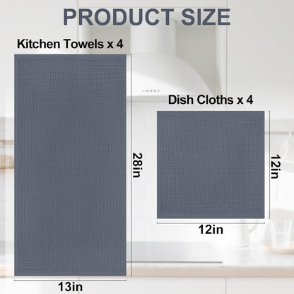 100% Cotton Kitchen Towels and Dishcloths Set, 12 X 12 Inches and 13 X 28 Inches, Set of 8 Bulk Kitchen Towels Set, Ultra Soft Absorbent Dish Cloths for Washing Dishes, Dark Grey
